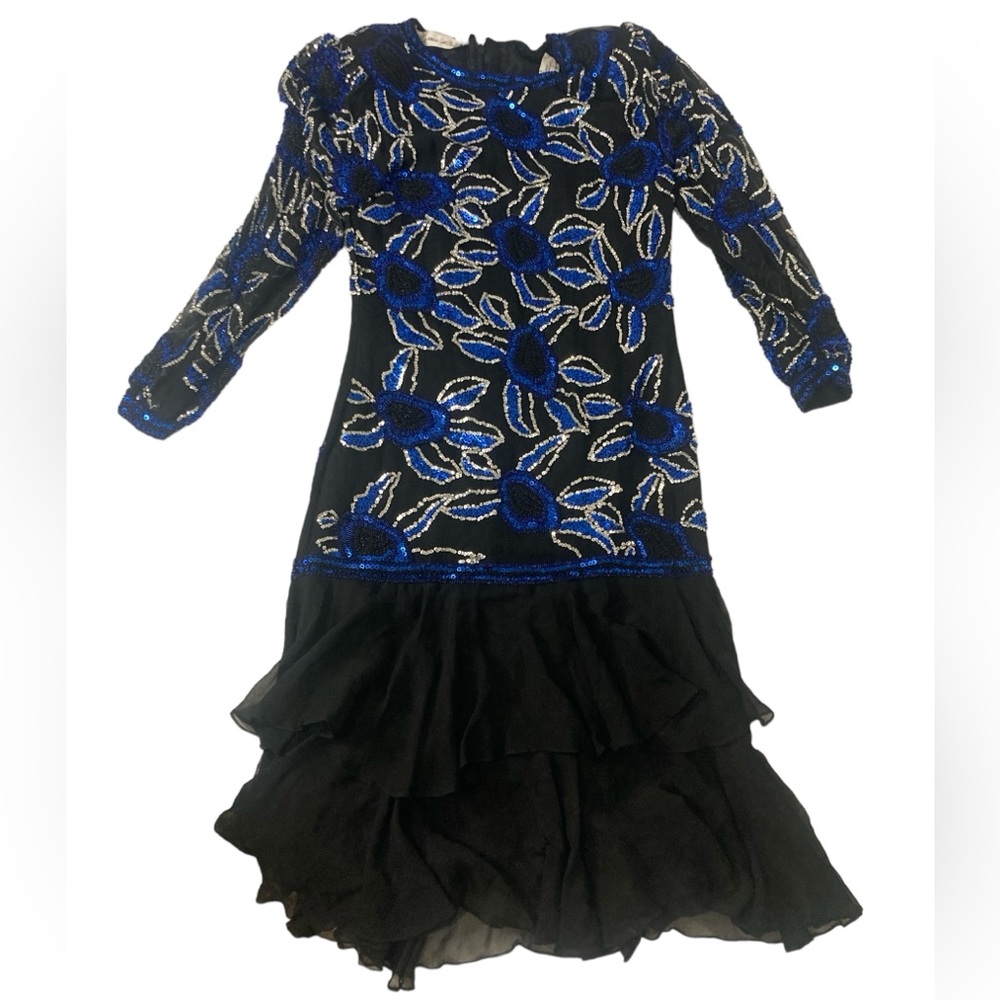 Vintage Lillie Rubin Blue, Black and Silver Sequined HAND-BEADED DRESS! S-Gorg!